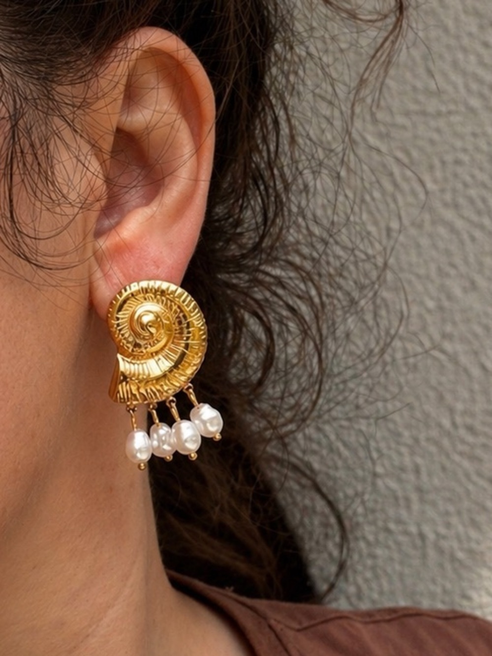 Gold Pearl Drop Spiral Shell Earrings - Women Jewelry